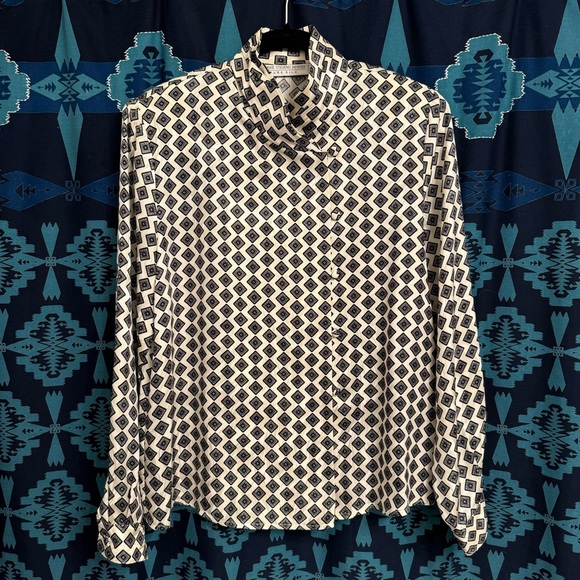 Valerie Stevens Tops - VALERIE STEVENS Vintage Black & Cream Geometric Silk Kimono-Style Blouse